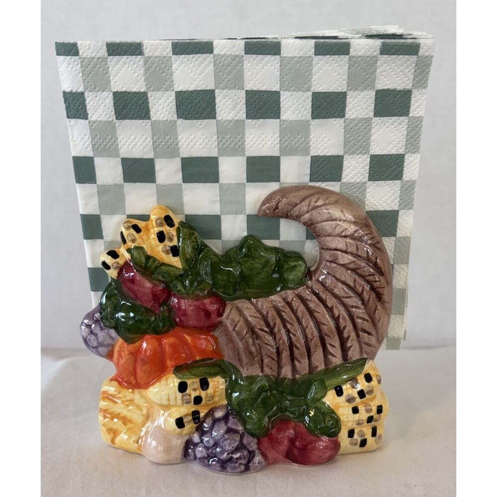 Thanksgiving Theme/ Fall Ceramic Cornucopia Napkin Holder Fruits and Vegetables - Picture 10 of 14